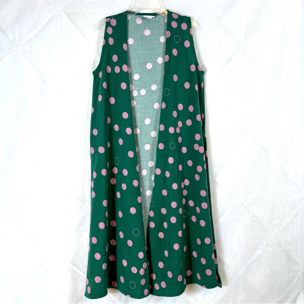 LuLaroe Women’s Joy Long Cardigan Duster Vest Size XS Green Pink Polka Dots
